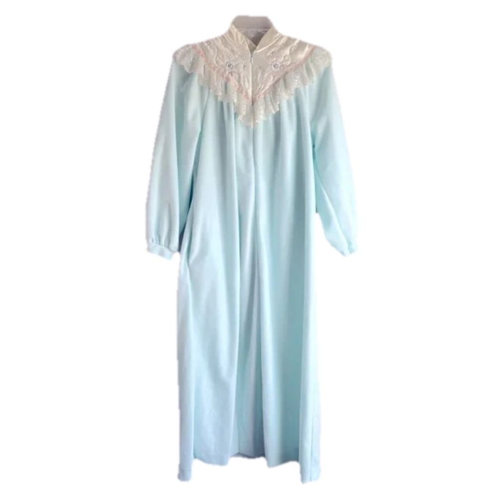 Vintage Size Small Komar House Coat Robe Quilted Embroidered Lace Bib